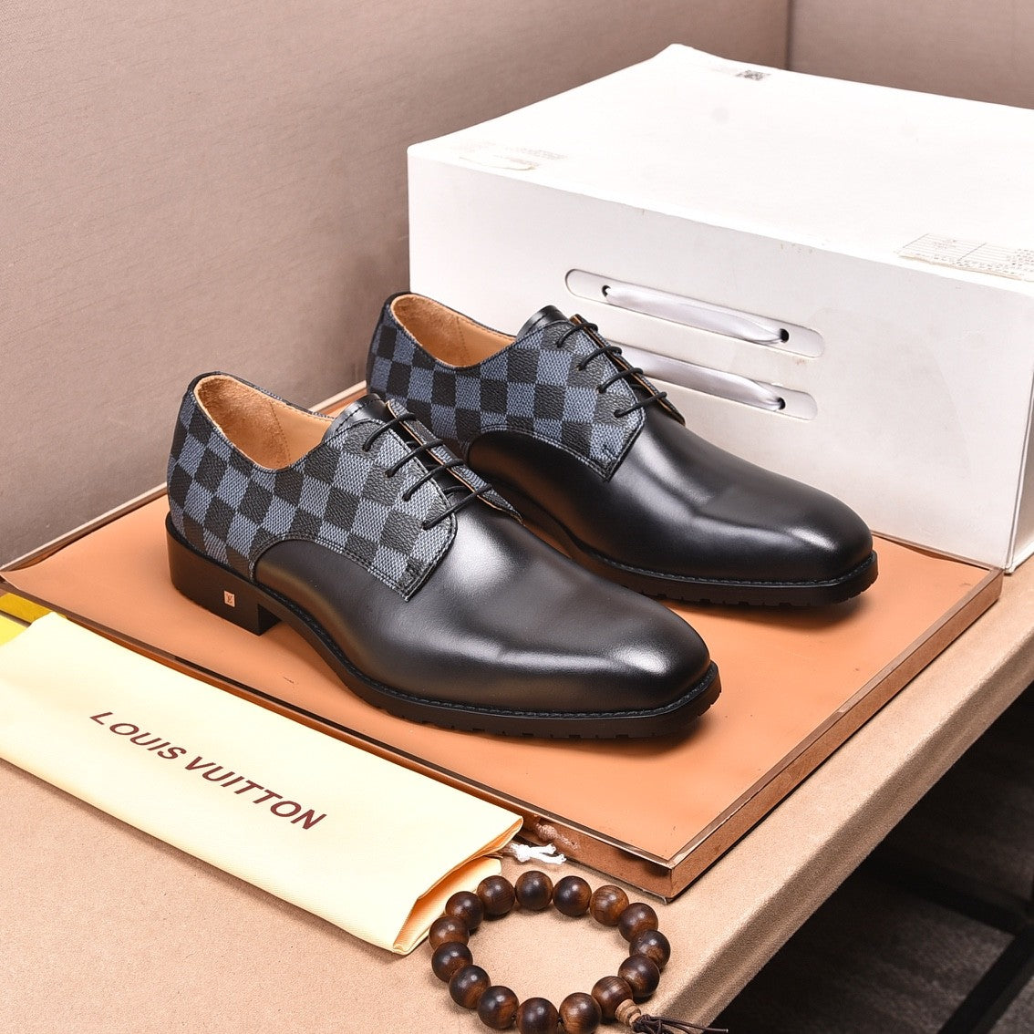 Black Leather Damier Loafers (Men's)